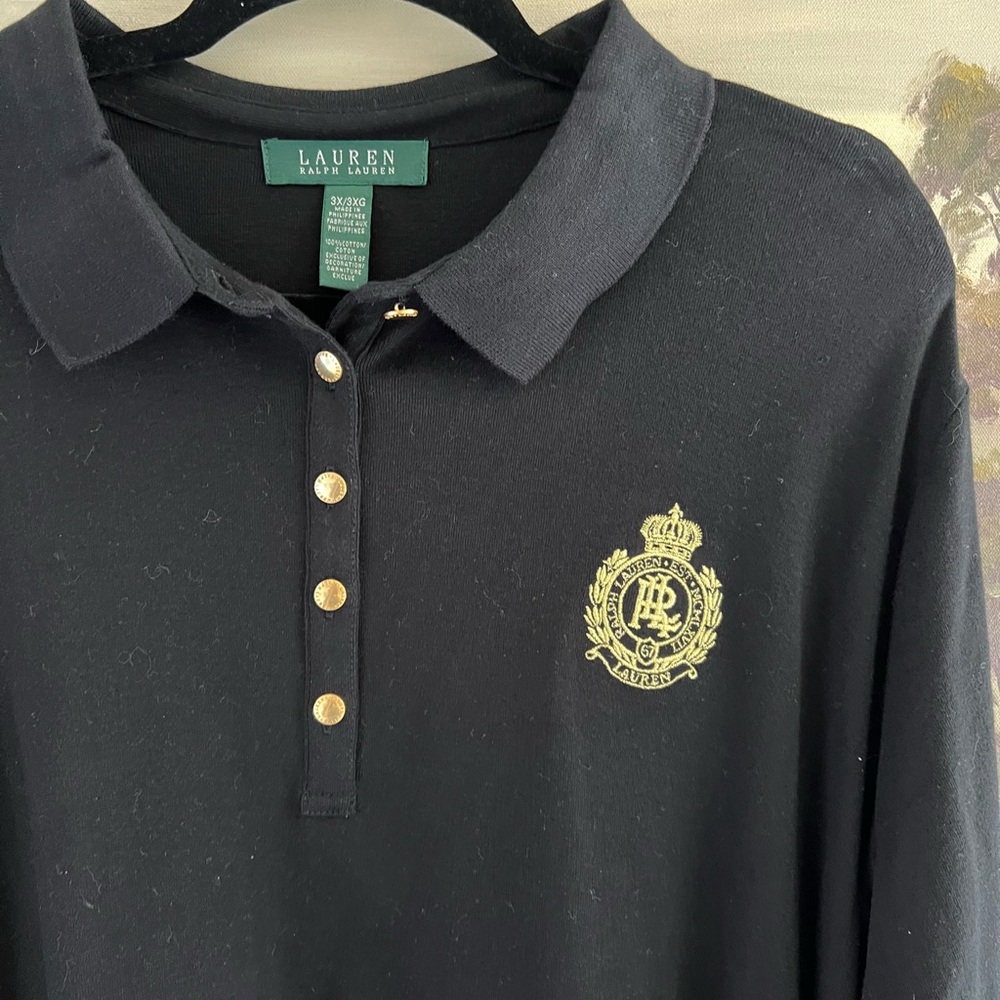 Lauren Ralph Lauren Green Label Black Long Sleeve Polo w/Gold Crest Size 3X/3XG